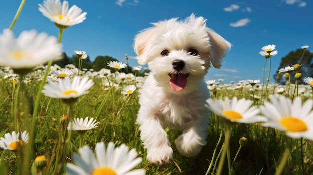 um cachorrinho correndo por um campo de margaridas.