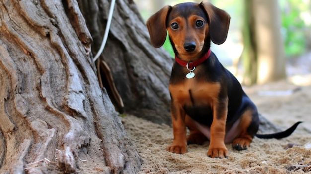 Um cachorrinho dachshund senta-se à sombra de uma árvore