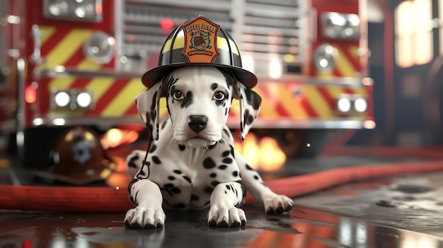 Um cachorrinho dalmático bonito usando um capacete de bombeiro está sentado na frente de um caminhão de bombeiros