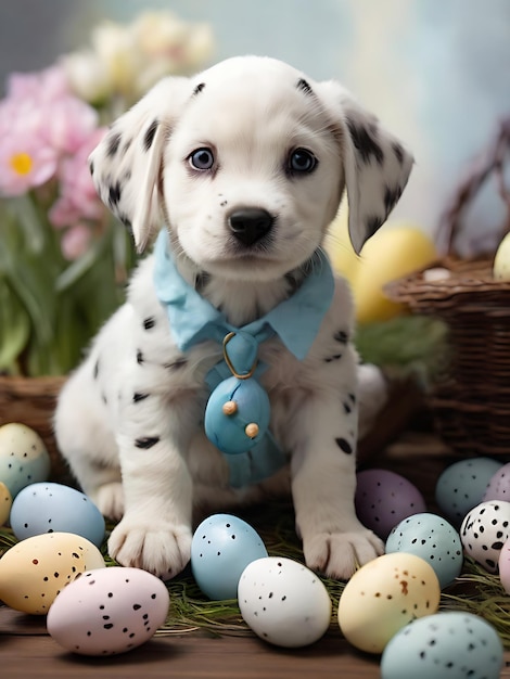 Foto um cachorrinho dalmático engraçado que parece que acabou de pintar ovos de páscoa.