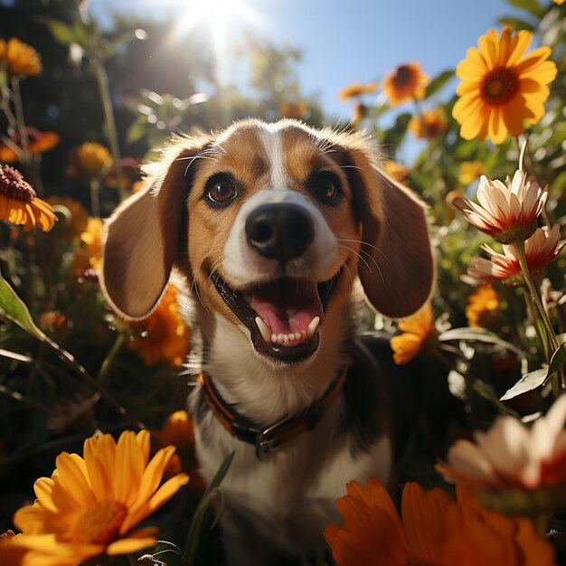 Foto um cachorrinho de beagle feliz explorando um jardim de flores