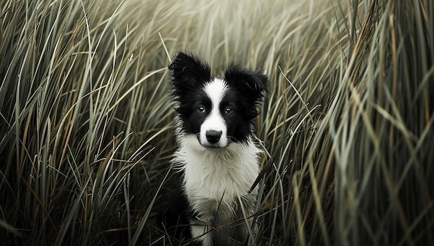 Um cachorrinho de Border Collie brincalhão em um campo gramado