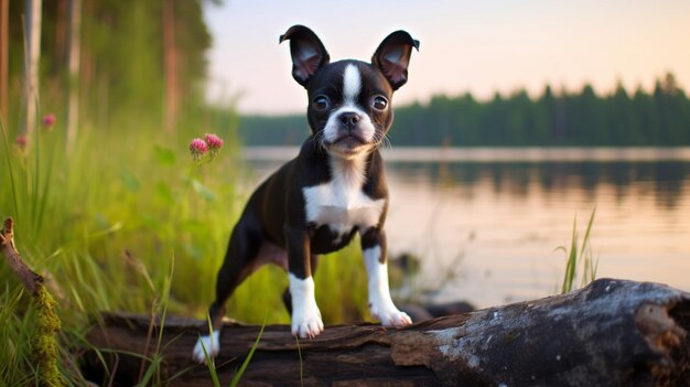 Um cachorrinho de boston terrier fica em um tronco perto de um lago