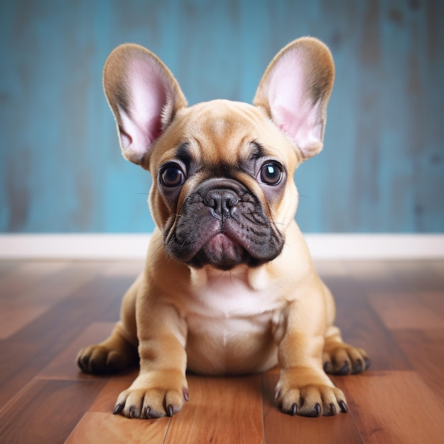 Um cachorrinho de bulldog francês adorável a olhar para a câmara.