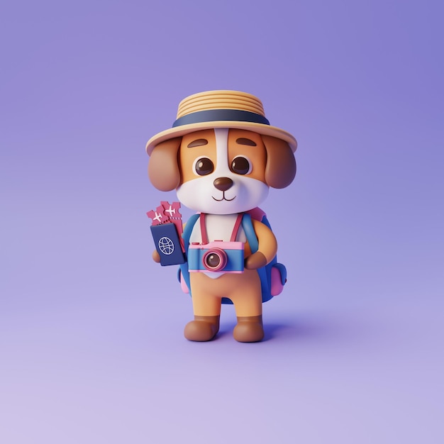 Um cachorrinho de desenho animado com um chapéu, uma mochila, uma câmara e um passaporte com bilhetes.