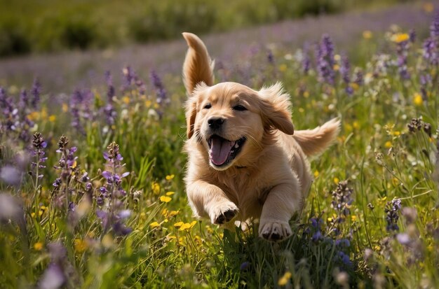 Um cachorrinho de golden retriever está entre as flores.