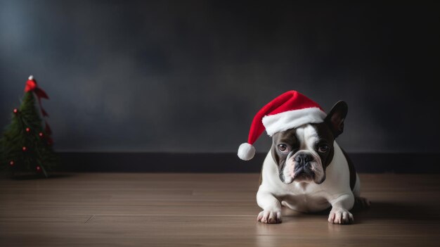 Foto um cachorrinho de papai noel com um chapéu de papai noel traz calor e felicidade nesta temporada de férias