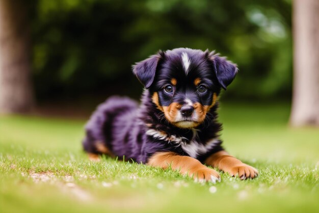 Um cachorrinho deitado na grama com um fundo verde