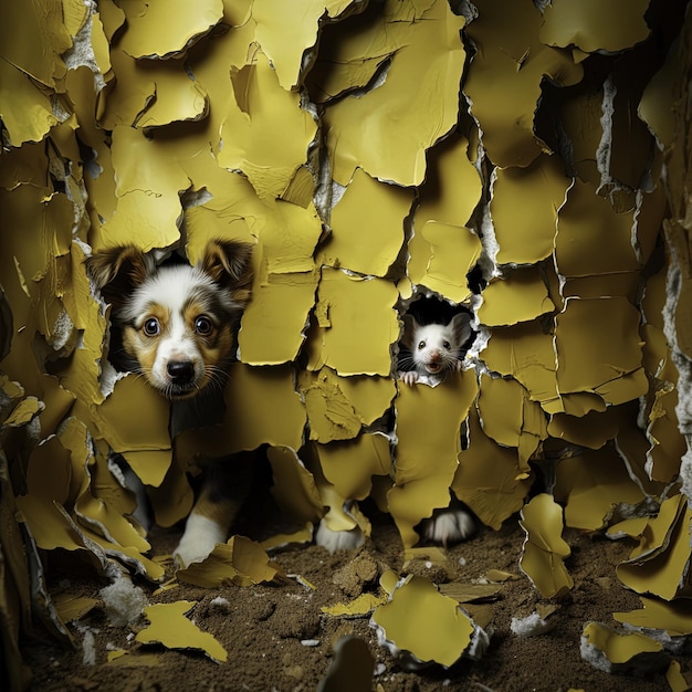 Um cachorrinho e um pequeno rato branco colocando as cabeças fora de um par de buracos em uma parede descascada