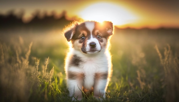 Um cachorrinho em um campo ao pôr do sol