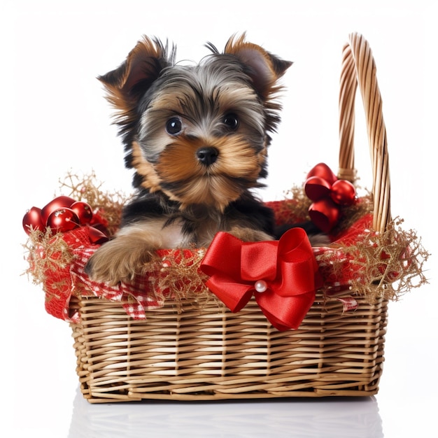 Um cachorrinho em uma cesta com laços vermelhos e um laço vermelho.
