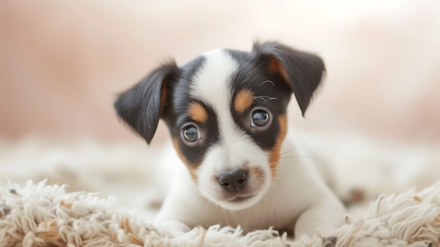 Foto um cachorrinho encantador com adoráveis orelhas floppy posa em um fundo bege aconchegante exalando brincadeira e alegria