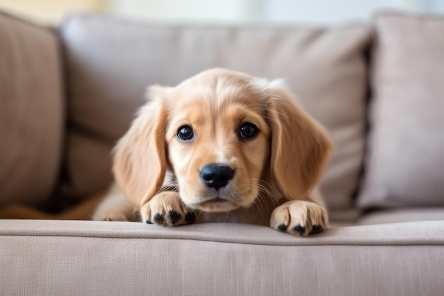 Um cachorrinho está sentado em um sofá e olhando por cima da borda do sofá.