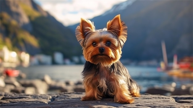Um cachorrinho está sentado em uma pedra em frente a uma montanha.