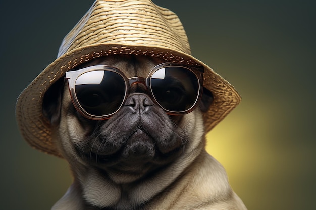 Um cachorrinho expressivo de Pug usando óculos de sol de grandes dimensões 00668 01