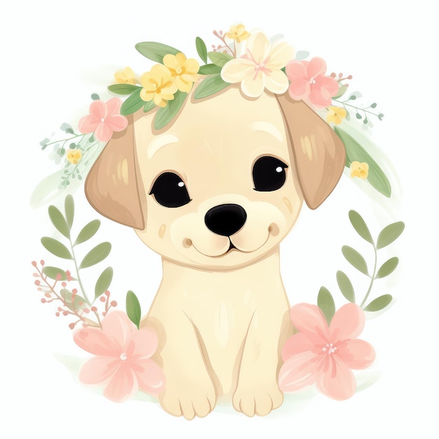 Um cachorrinho fofo com uma coroa de flores na cabeça.