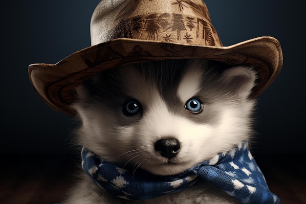Um cachorrinho fofo de Husky Siberiano com chapéu de cowboy e 00205 03