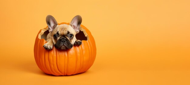 Um cachorrinho fofo dentro de uma abóbora de Halloween