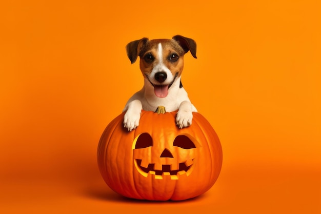 Um cachorrinho fofo dentro de uma abóbora de Halloween