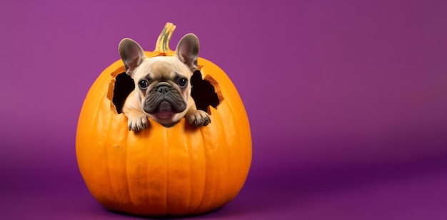 Um cachorrinho fofo dentro de uma abóbora de Halloween