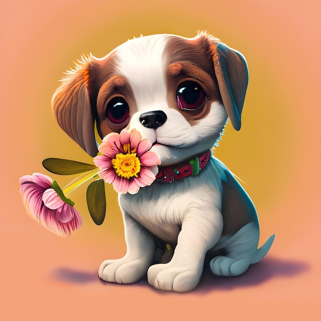 Um cachorrinho fofo segurando uma flor em fundo desfocado vista real 3d