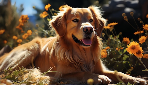 Um cachorrinho fofo sentado na grama aproveitando a luz do sol gerada pela inteligência artificial