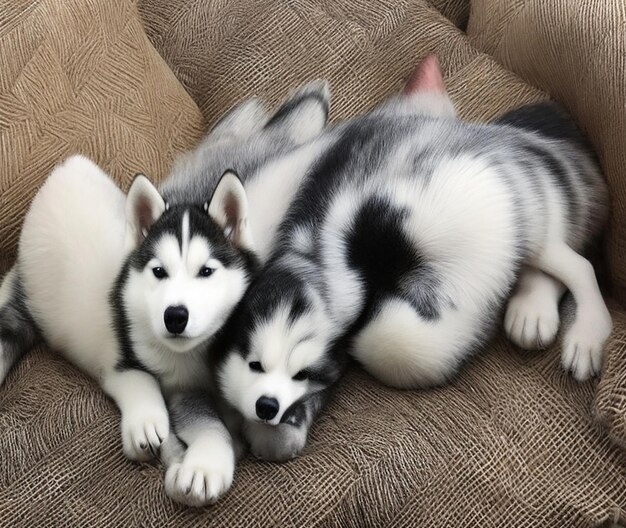 Um cachorrinho husky pacífico sonhando em uma pilha de almofadas macias