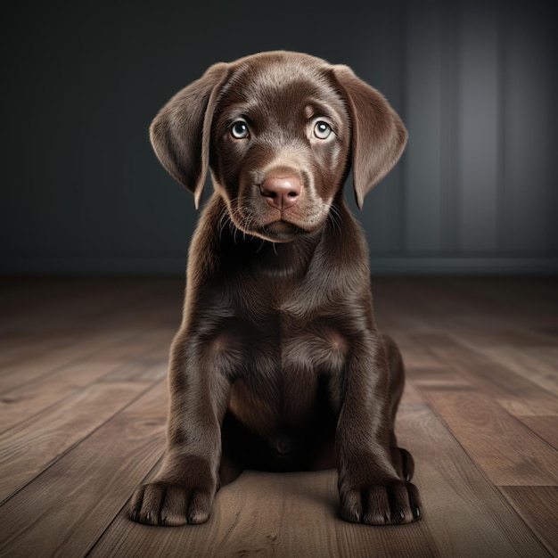 um cachorrinho labrador chocolate sentado em um chão de madeira