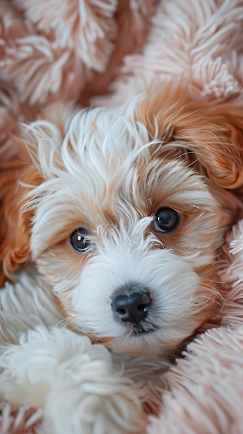 Um cachorrinho maltepoo um cachorro de companhia está descansando em um cobertor rosa