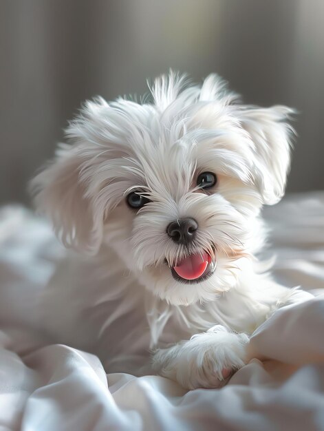 Foto um cachorrinho maltês engraçado e feliz deitado na cama.