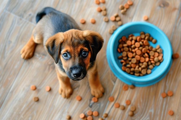 Um cachorrinho olha com reprovação para uma tigela azul cheia de comida para cães espalhada no chão