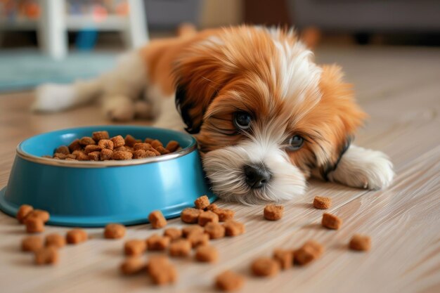 Um cachorrinho olha com reprovação para uma tigela azul cheia de comida para cães espalhada no chão