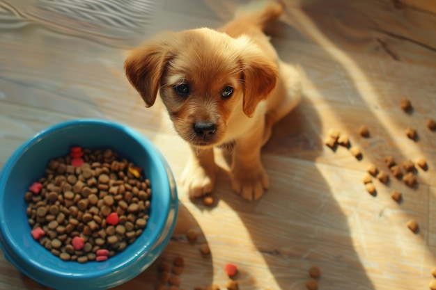 Um cachorrinho olha com reprovação para uma tigela azul cheia de comida para cães espalhada no chão