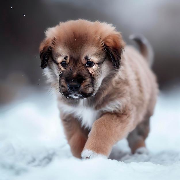 Um cachorrinho que está andando na neve