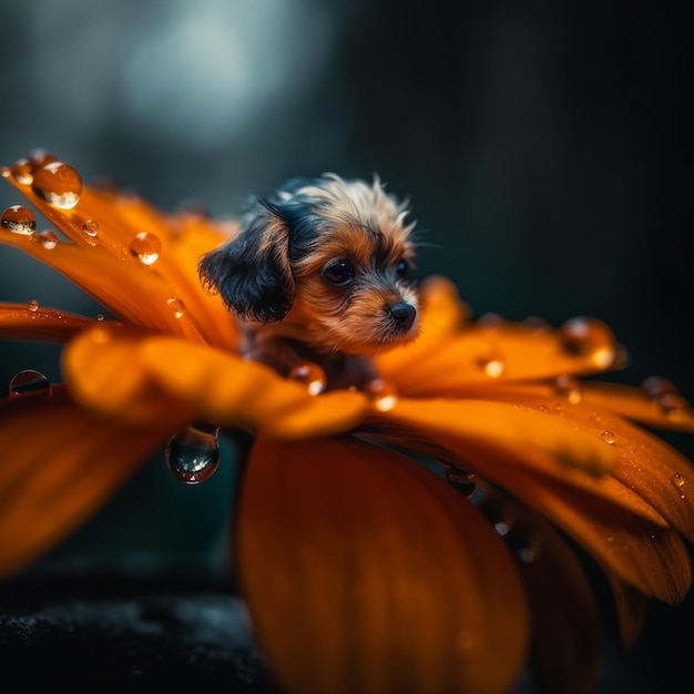 Um cachorrinho se equilibrando na ponta de uma flor de laranjeira brilhante