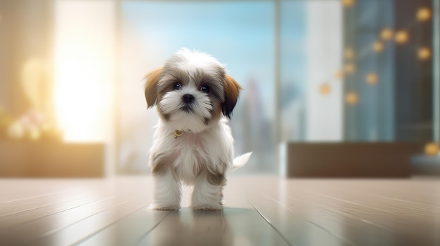 Um cachorrinho shih tzu está em um piso de madeira em uma sala de estar.