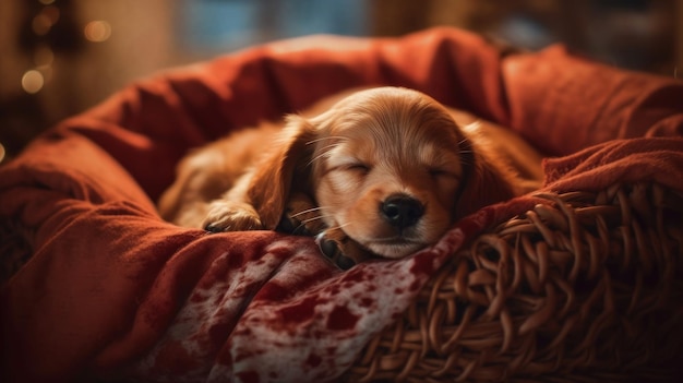 Um cachorrinho sonolento enrolado em uma cama aconchegante gerada por IA