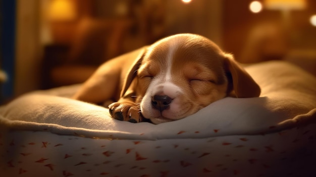 Um cachorrinho sonolento roncando suavemente em sua cama gerado por IA