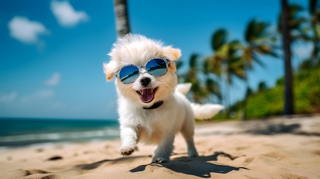 Um cachorrinho usando óculos escuros corre na praia