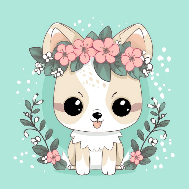 Um cachorrinho usando uma coroa de flores.