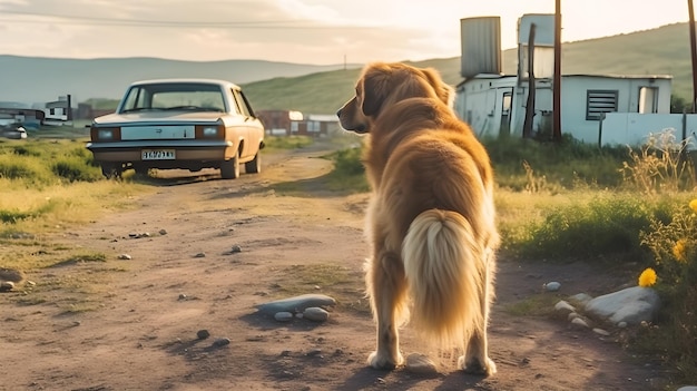 Um cachorro abandonado na estrada tranquila