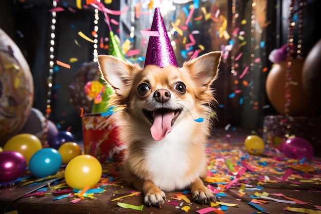 Um cachorro adorável a alegrar-se numa festa com chapéu de festa e confete.