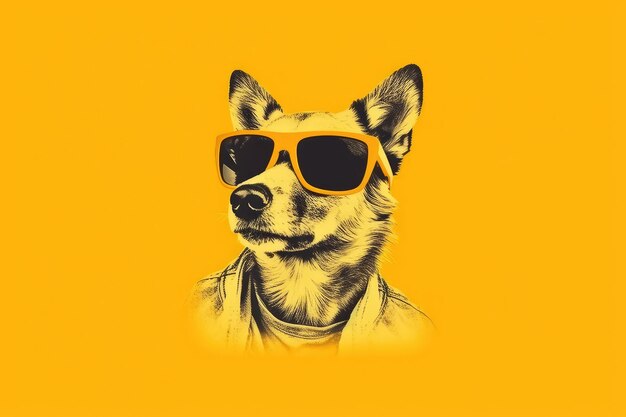 Um cachorro amarelo usando óculos escuros e uma camisa que diz 'dog'on it