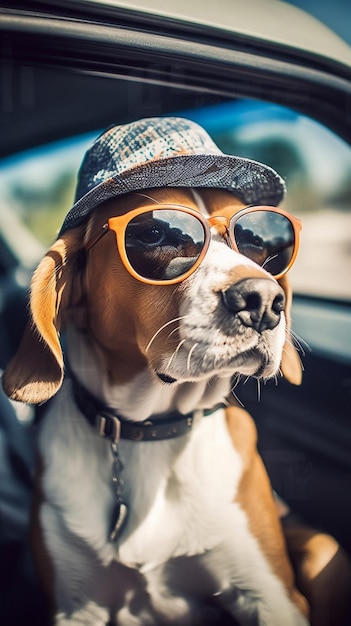 Um cachorro beagle de chapéu e óculos de sol está sentado em um carro.