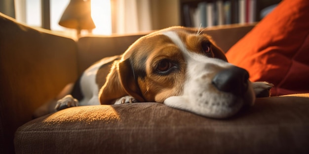 Um cachorro beagle descansa em um sofá em frente a uma janela.