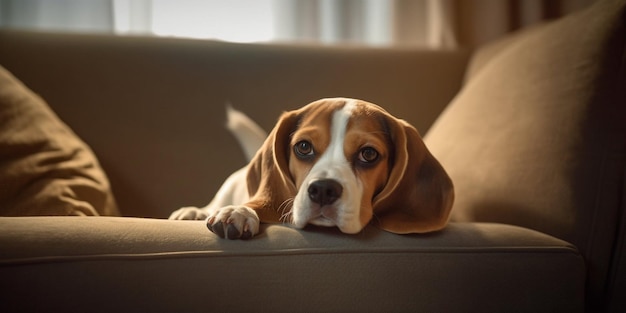 Um cachorro beagle está deitado em um sofá e olhando para a câmera.