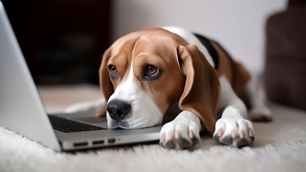 Um cachorro beagle está deitado em um tapete com a cabeça em um laptop.