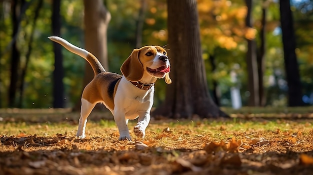 um cachorro beagle está parado na grama no outono