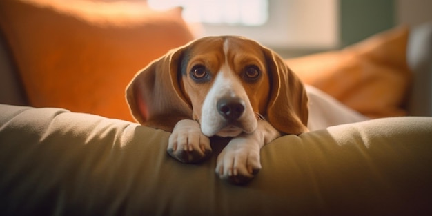 Um cachorro beagle está sentado em um sofá e olhando para a câmera.