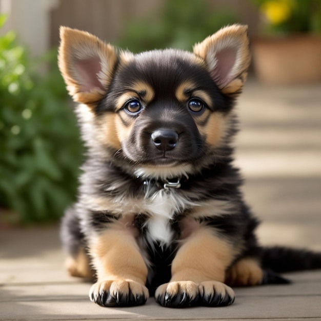 Um cachorro bonito está sentado no chão de madeira no jardim.